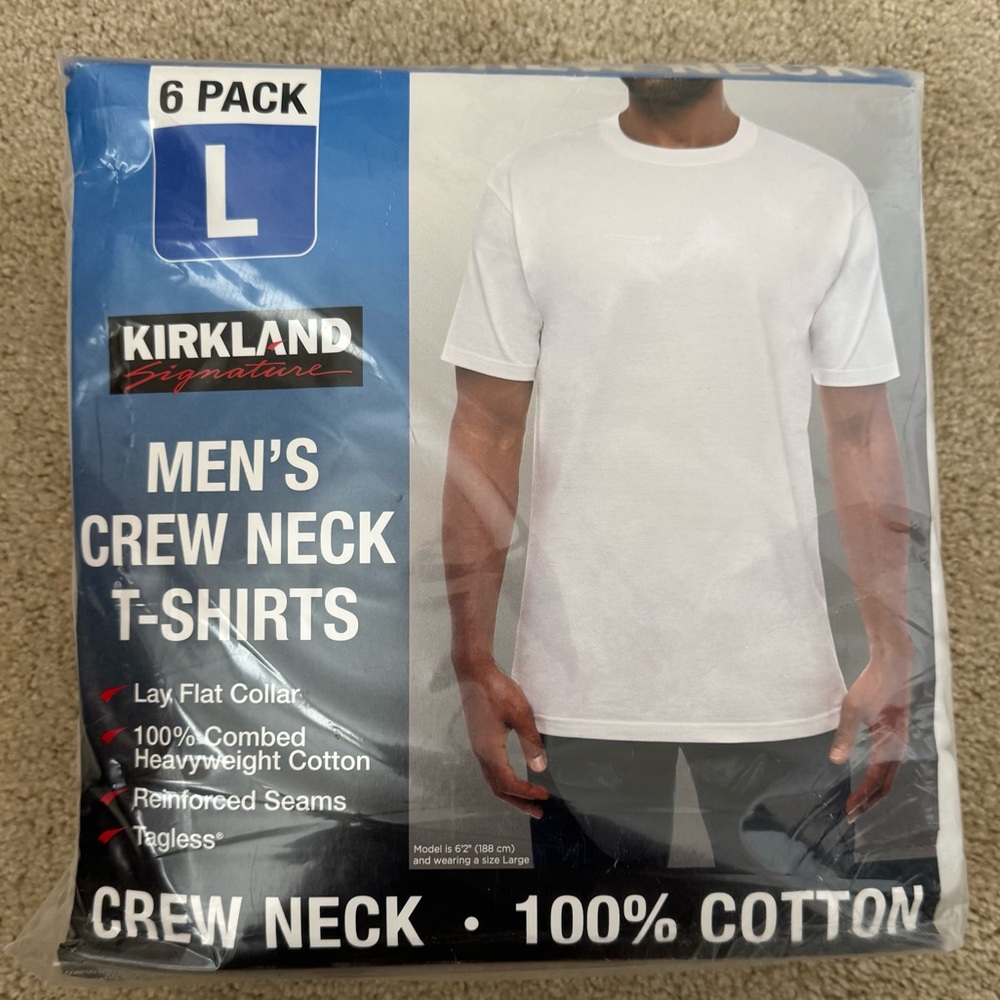 Kirkland Signature Men’s Crew Neck T-Shirts 6-Pack White L | Cotton | NWT Sealed